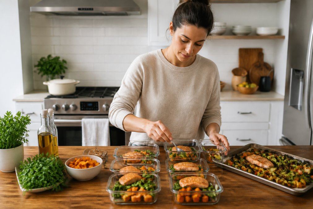 Person portioning roasted salmon and vegetables into glass containers for weekly meal prep in a sunny kitchen