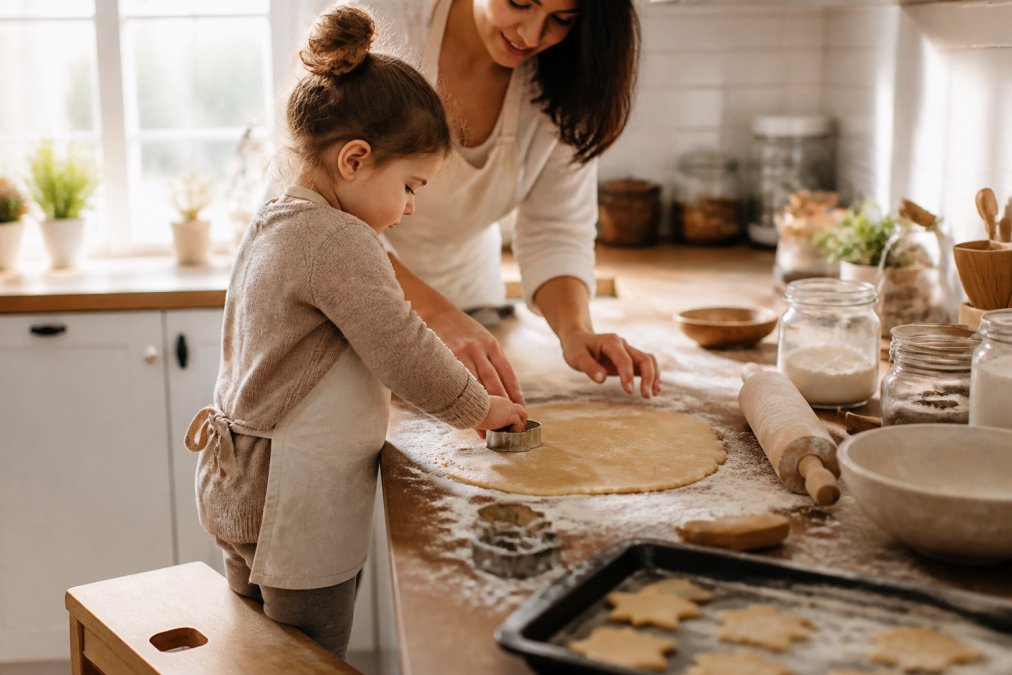 A toddler standing on a wooden step stool at a flour-dusted kitchen counter, pressing a star-shaped cookie cutter into rolled-out dough with a parent's hands gently guiding nearby, warm morning light coming through a window