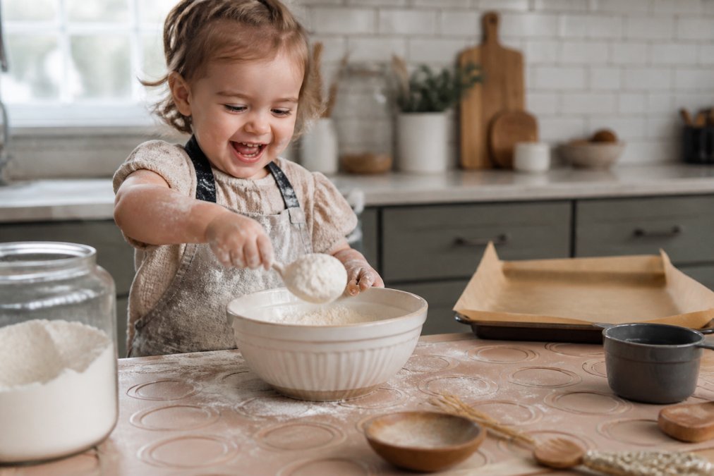 A young toddler in a small flour-dusted apron laughing while scooping flour into a ceramic mixing bowl, a silicone mat spread across a light wood counter, parchment paper visible on a baking sheet in the soft-lit background