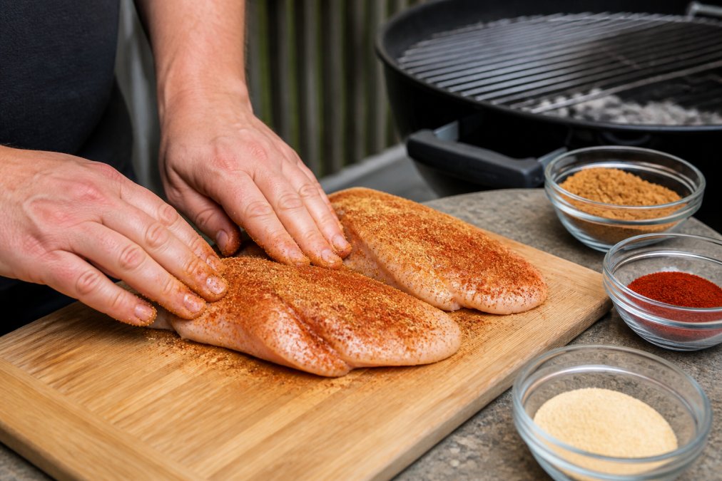 Close-up of hands rubbing a dry spice blend onto raw chicken breasts on a wooden cutting board, with small bowls of brown sugar, paprika, and garlic powder nearby and a grill visible in the background