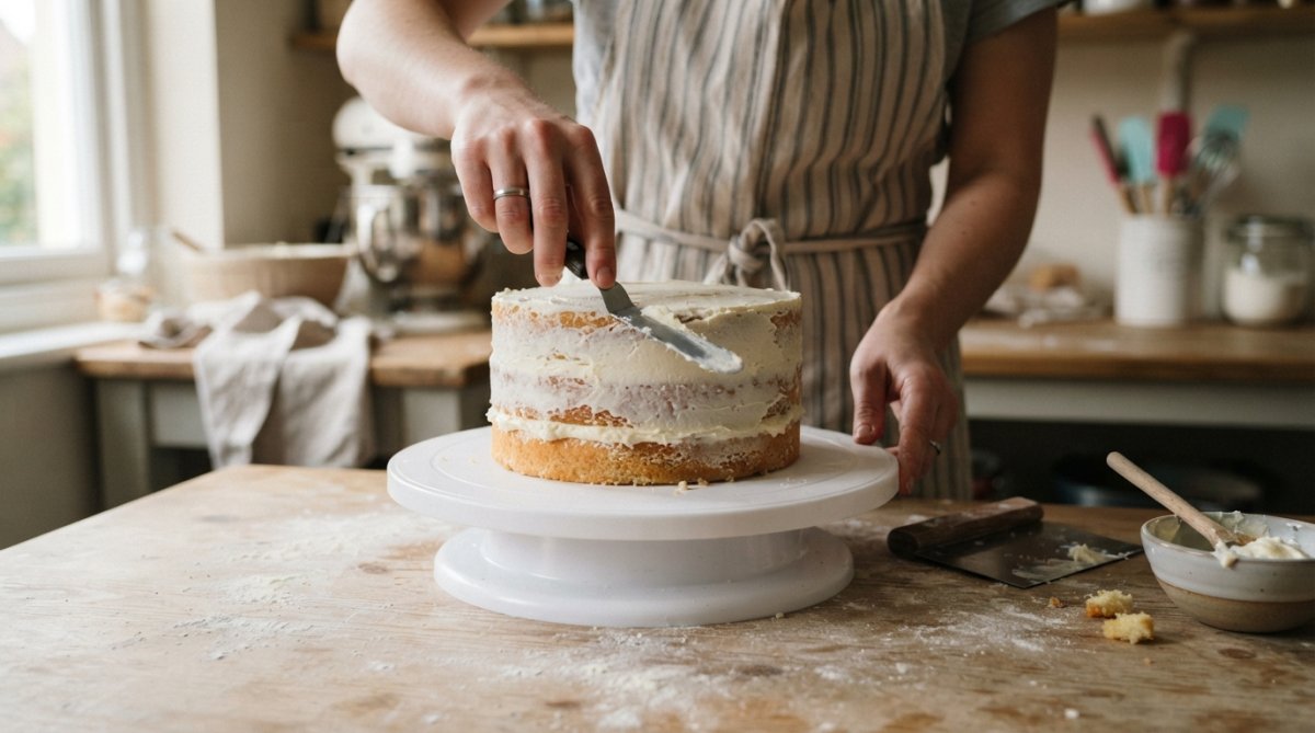 A home baker's hands using an offset spatula to smooth white buttercream over a layered sponge cake on a turntable, with a bench scraper resting nearby on a lightly floured worktop