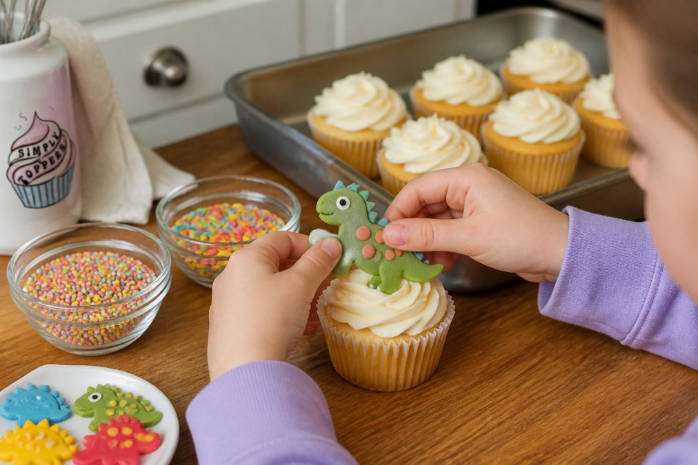 A child's hands placing a colourful dinosaur sugar paste topper onto a freshly frosted cupcake, with a baking tray and sprinkles in the background on a kitchen counter