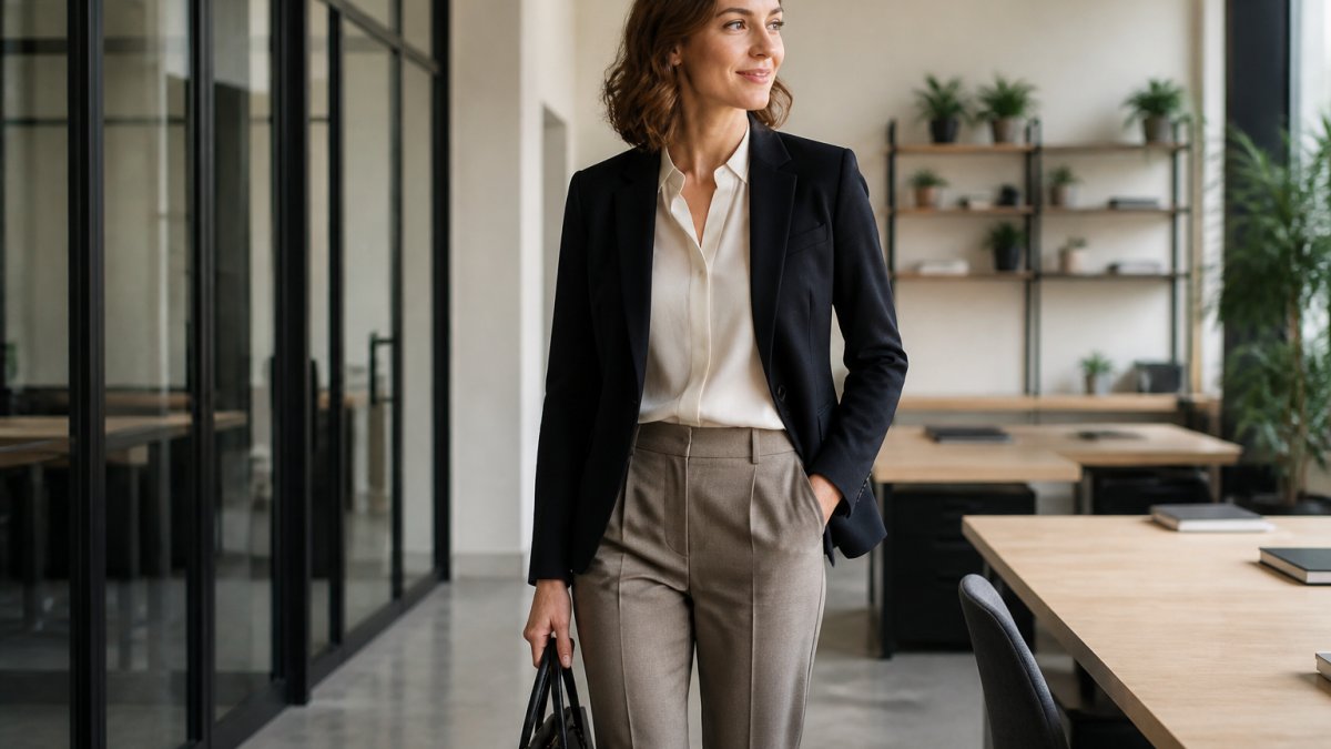Professional woman in a modern office wearing a polished blazer and trousers for a versatile capsule wardrobe look