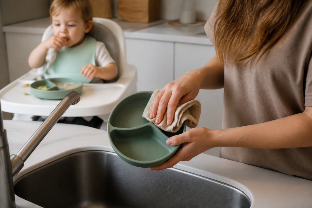 Parent wiping down a silicone suction plate with a cloth at the kitchen sink while a toddler sits in a high chair eating soft foods in the background, showing the ease of cleanup during mealtime