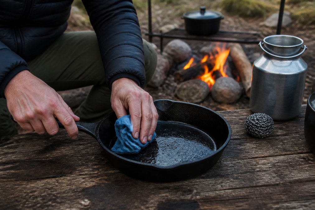 Close-up of hands wiping a cast iron skillet with a cloth beside a campfire, small water jug and scrubber nearby, warm evening light