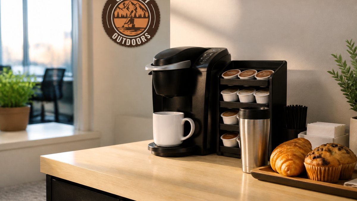Modern office breakroom with a coffee brewer, capsules, and pastries on a light wood counter in morning light