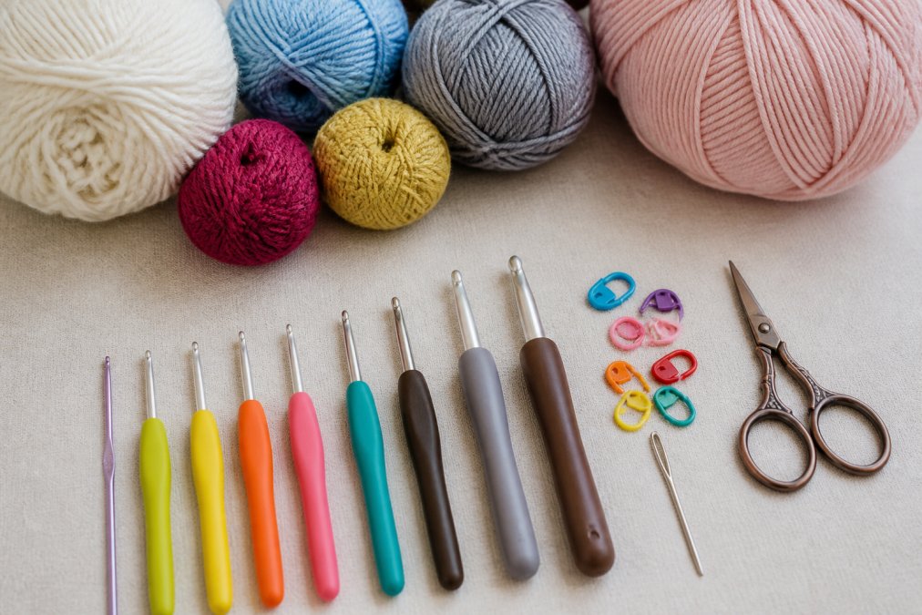 Flat lay of beginner crochet supplies arranged on neutral surface including colorful yarn balls in various weights, multiple crochet hook sizes from thin to chunky, stitch markers in different colors, a tapestry needle, and scissors with natural overhead lighting
