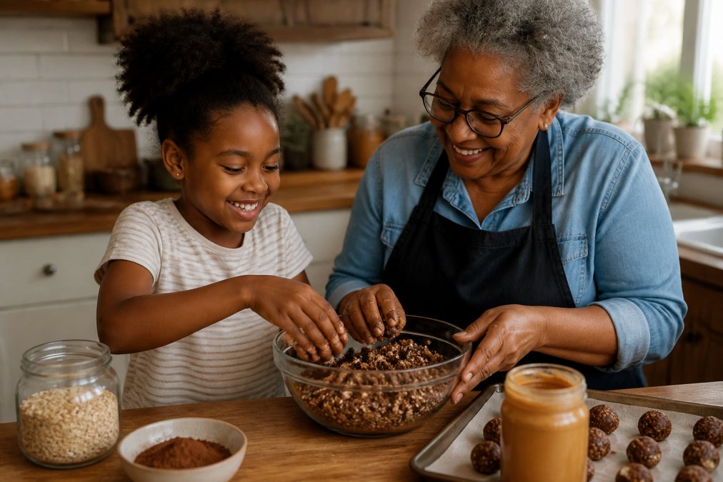 A young Black girl and her grandmother smiling together at a kitchen counter, assembling no-bake chocolate oat bites in a large mixing bowl, surrounded by oats, cocoa powder, and peanut butter jars in warm afternoon kitchen lighting