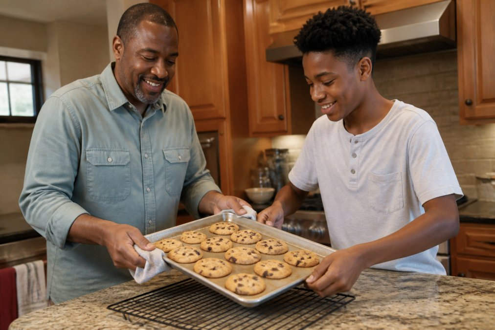 A middle-aged Black man and his teenage child placing a tray of golden brown chocolate chip cookies onto a cooling rack in a warm, well-lit home kitchen, both smiling, wearing casual clothing
