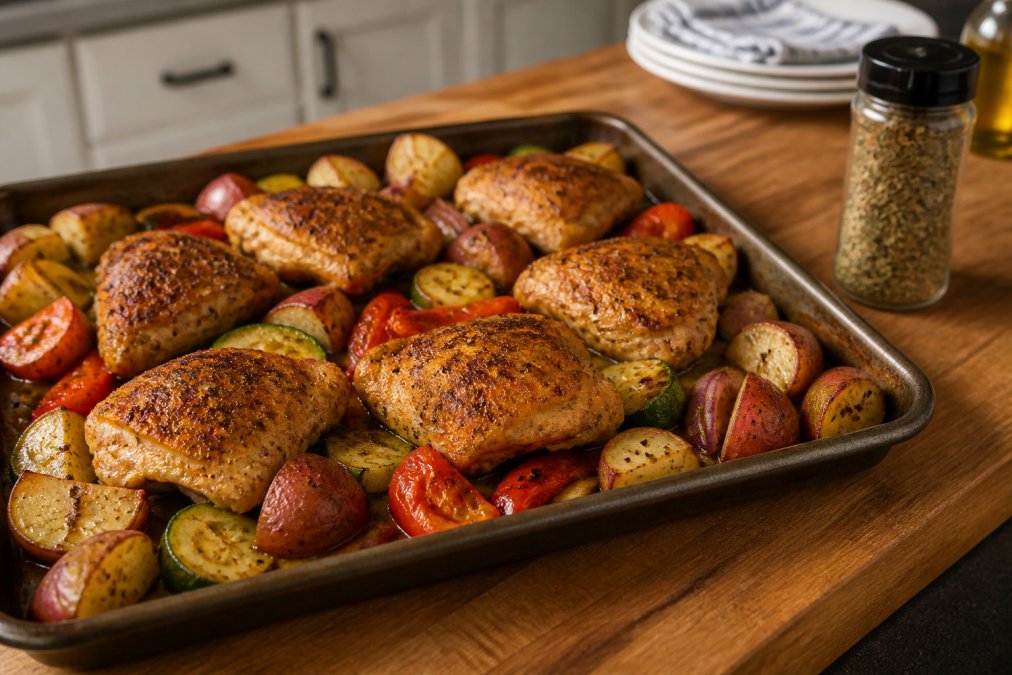 A sheet pan loaded with golden roasted chicken thighs and colorful vegetables fresh out of the oven, resting on a wooden kitchen counter with a jar of Goodness Gracious seasoning blend nearby, warm kitchen lighting