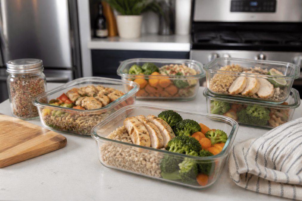 Glass meal prep containers filled with portioned balanced meals of grains, protein, and vegetables arranged neatly on a bright kitchen counter beside a seasoning jar and a wooden cutting board
