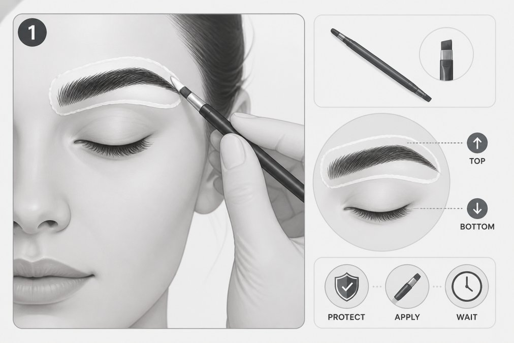 Professional applying protective barrier around eyebrow area with careful brush strokes, showing proper technique with brow pencil or applicator, natural bathroom lighting