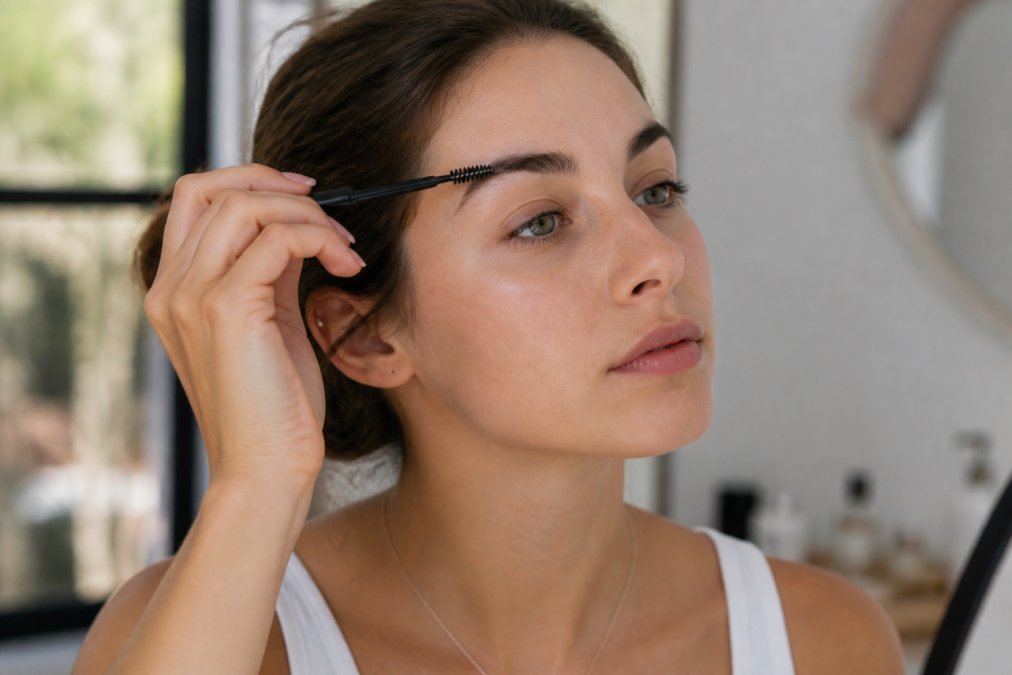 Woman applying hydrating serum to laminated brows with clean spoolie brush, demonstrating gentle maintenance technique in soft morning light