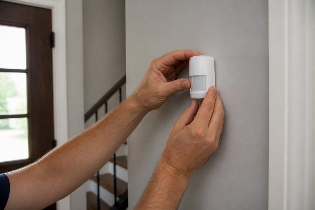 Homeowner installing a wireless motion sensor on an interior wall near an entryway, hands visible mounting the device with a small screwdriver