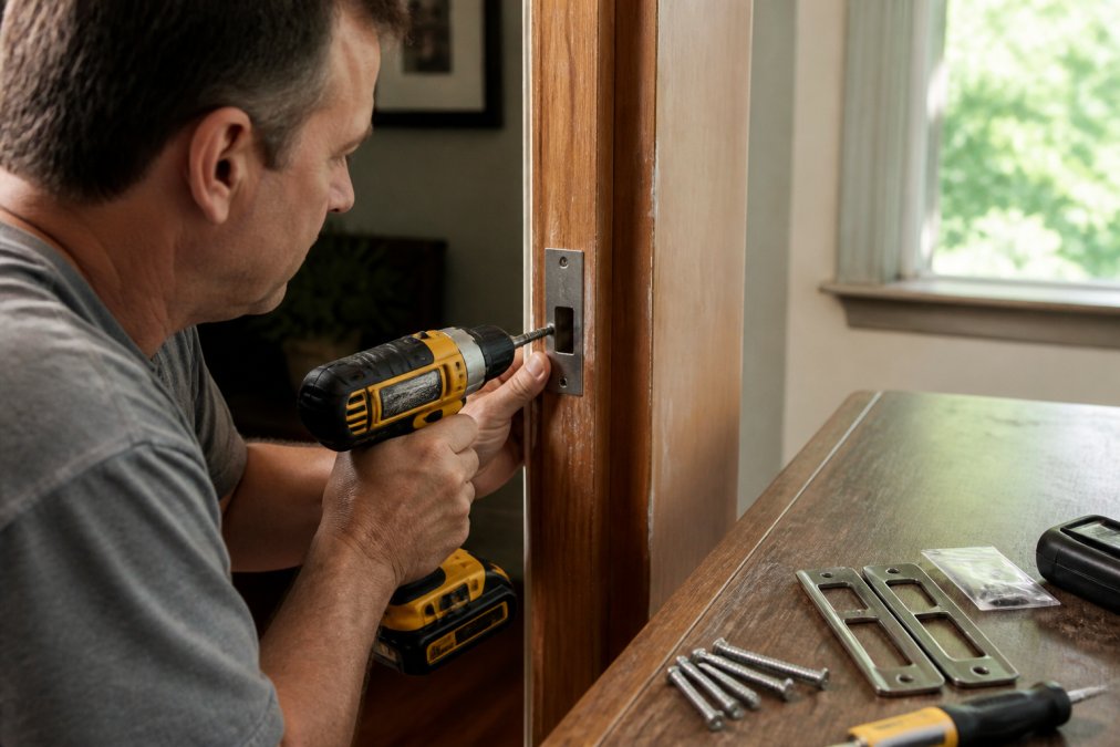 Hands holding a power drill installing a strike plate into a wooden door frame, with reinforcement hardware and long screws visible on a workbench beside the door, natural lighting from a window