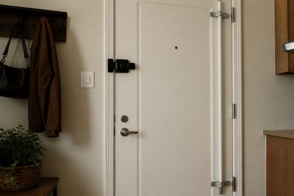 Renter's apartment entrance showing a door with removable security hardware installed, with door frame and hinges clearly visible to demonstrate non-permanent reinforcement, soft indoor lighting