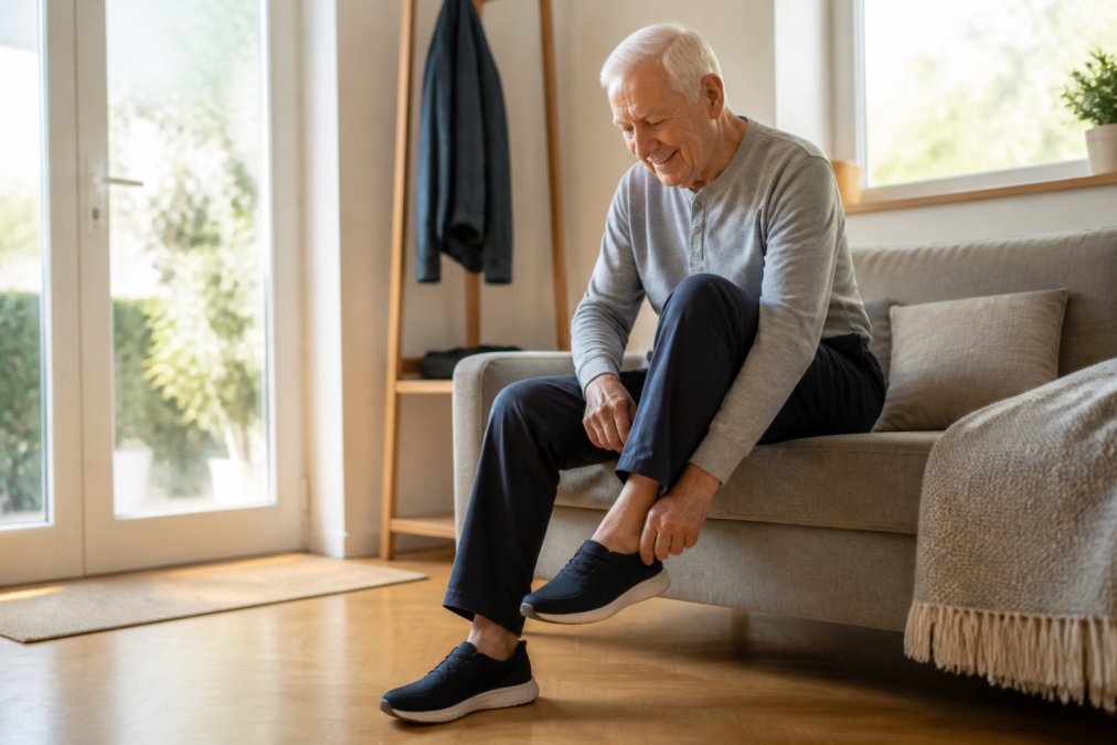 Senior adult easily slipping on a no-tie sneaker without bending down, demonstrating comfort and convenience in a bright home setting with natural morning light