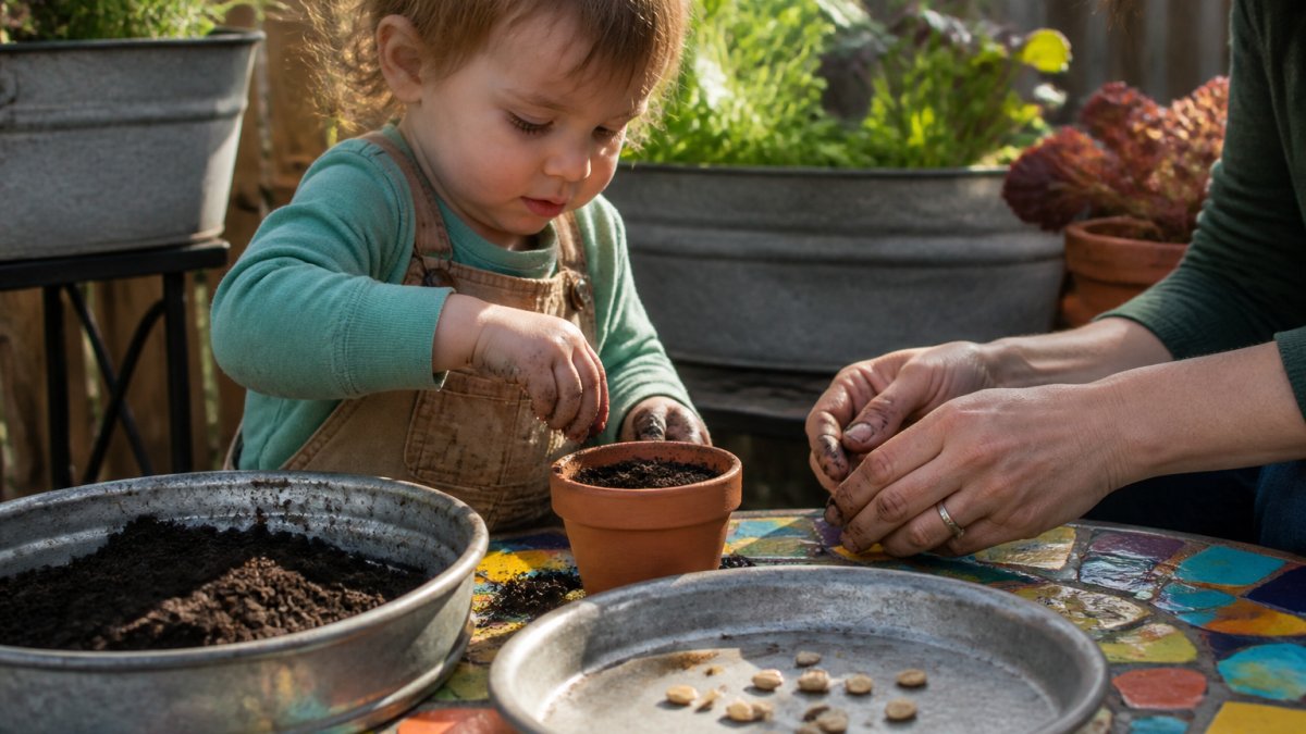 Young toddler with dirt on small hands planting large zinnia seeds into a small terracotta pot on a colorful garden table outdoors, with an adult's hands visible nearby supervising gently, natural afternoon sunlight