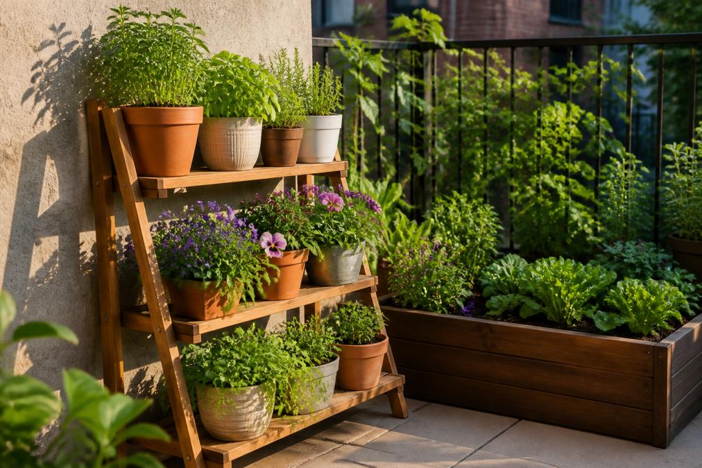 A small urban patio garden with a multi-tier wooden plant stand holding several potted herbs and flowers, with a compact raised bed nearby, photographed in warm afternoon light