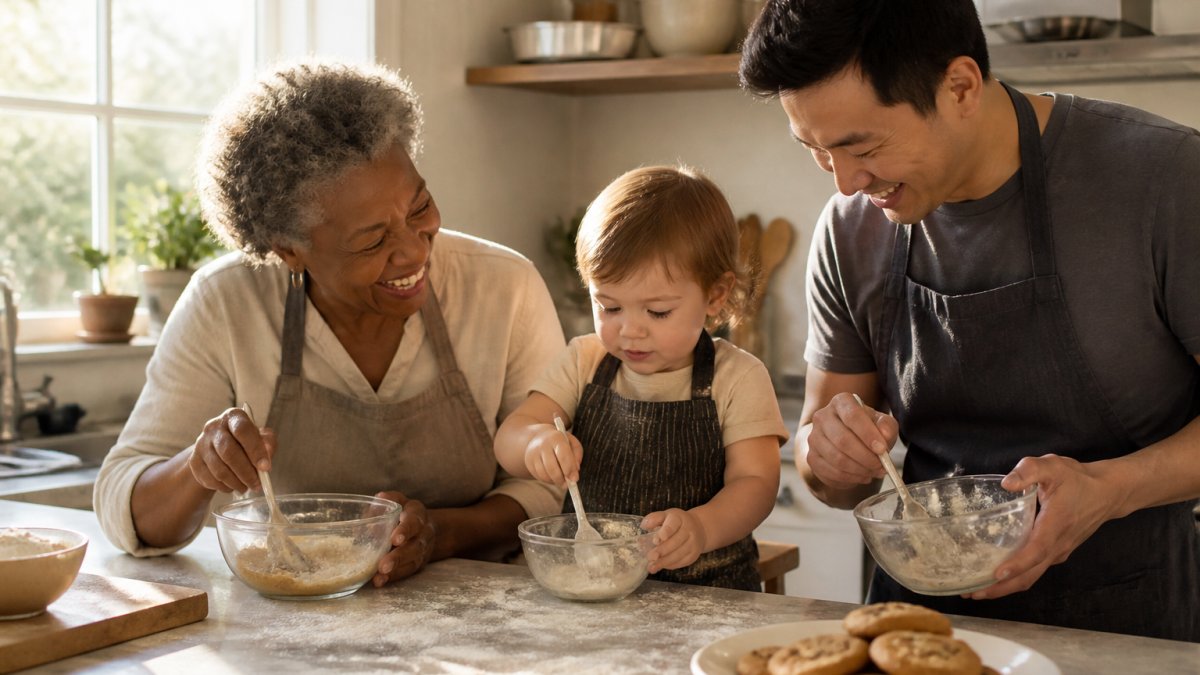 A multigenerational group in a sunlit home kitchen, including a Black grandmother, a young Asian father, and a white toddler on a sturdy stool, each with one small bowl and spoon in front of them. A plate of Lura's cookies sits at the edge of the counter. Natural window light, candid expressions, slightly imperfect countertop with a dusting of flour.
