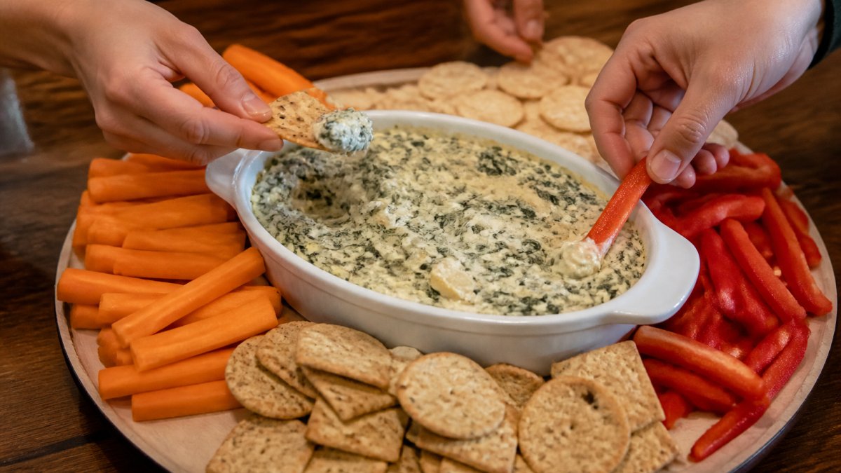 A party table with a bowl of creamy spinach artichoke dip surrounded by gluten-free crackers, carrot sticks, and bell pepper slices, with hands reaching in to scoop