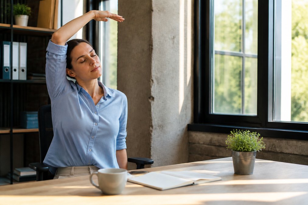 Busy professional doing quick stretching exercises at desk during work break, natural office lighting streaming through windows, coffee cup and notebook visible on desk