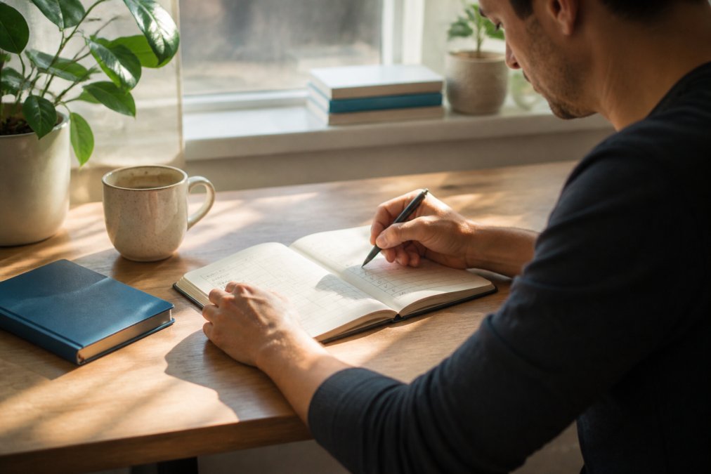 Person reviewing habit progress in journal with coffee cup and notebook on clean desk, natural morning light, accountability tracking visible