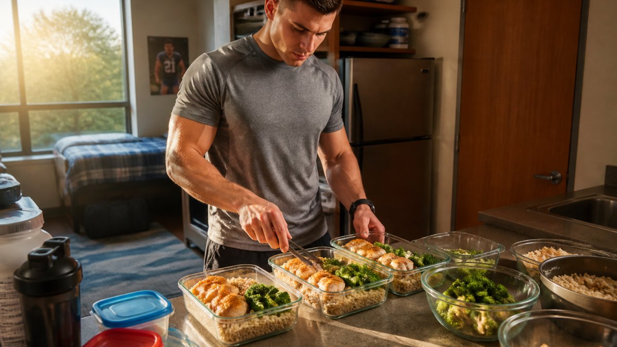 Student athlete preparing meal containers in a dorm kitchen with cooked chicken, brown rice, and steamed broccoli visible on the counter, natural afternoon lighting through window
