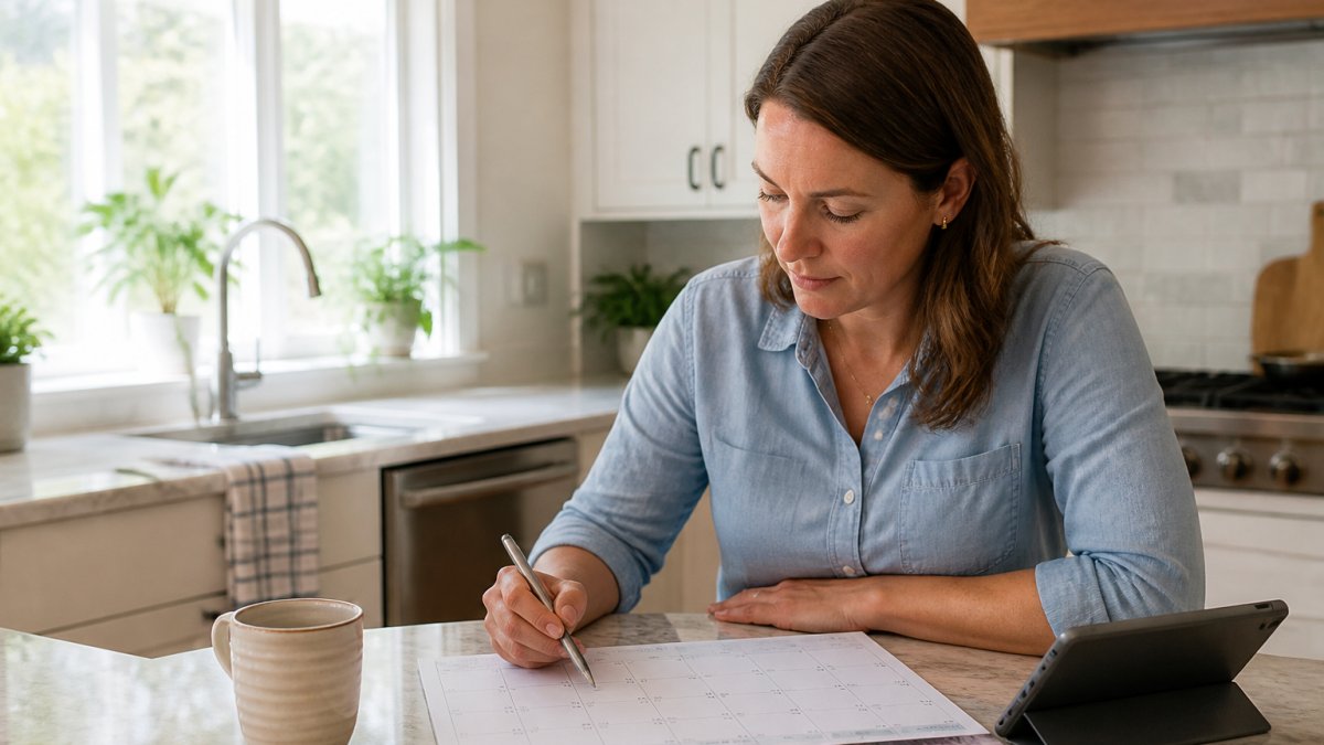 Homeowner reviewing a wall calendar and digital maintenance checklist on a tablet at a kitchen counter with natural morning light streaming through windows