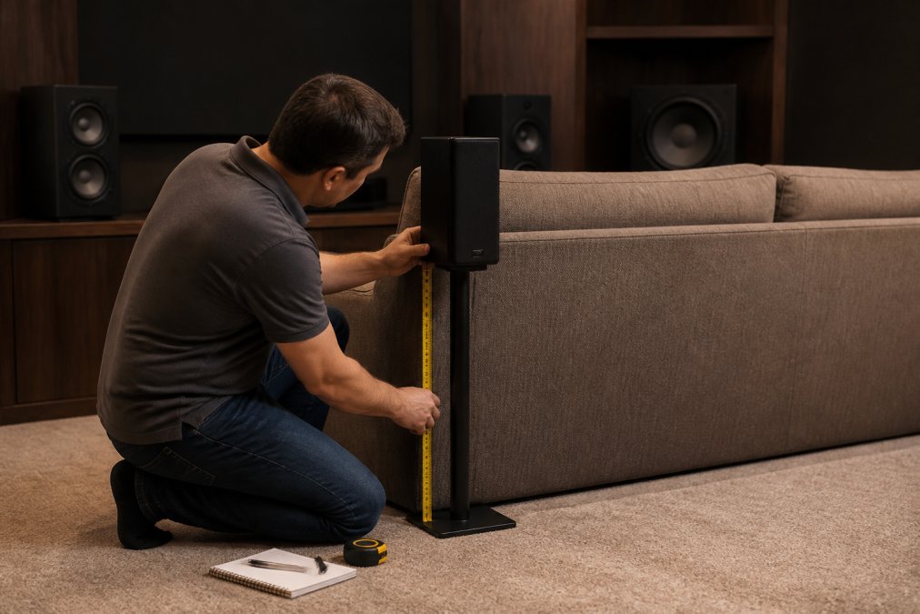 A person kneeling beside a sofa in a warmly lit living room, adjusting a small surround speaker on a stand with a tape measure and notebook on the floor nearby