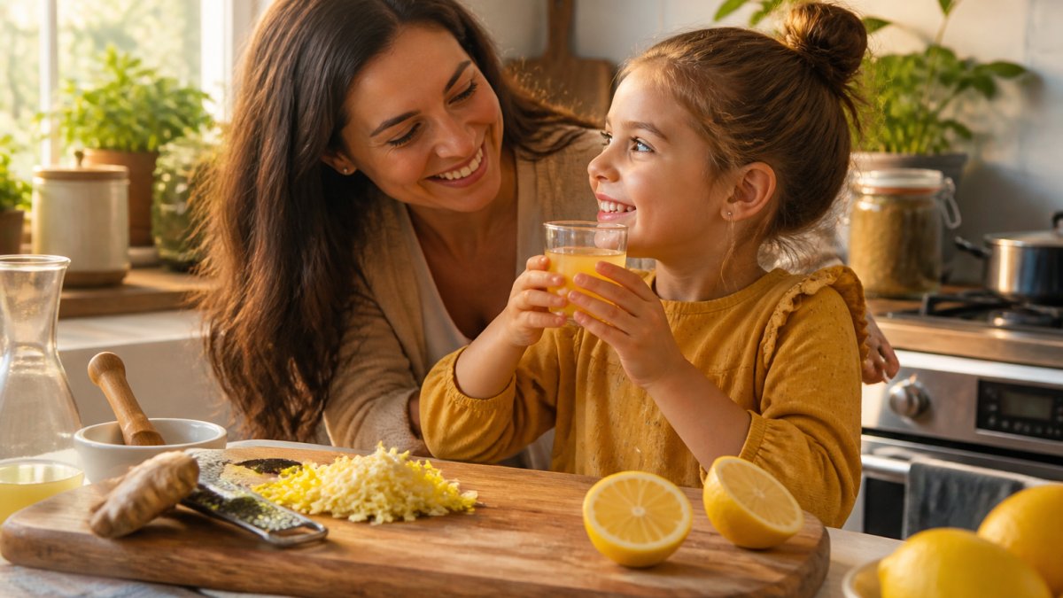 A parent and young child in a bright kitchen, child holding a small glass of pale golden ginger-lemon drink while grated ginger and halved lemons sit on a wooden cutting board