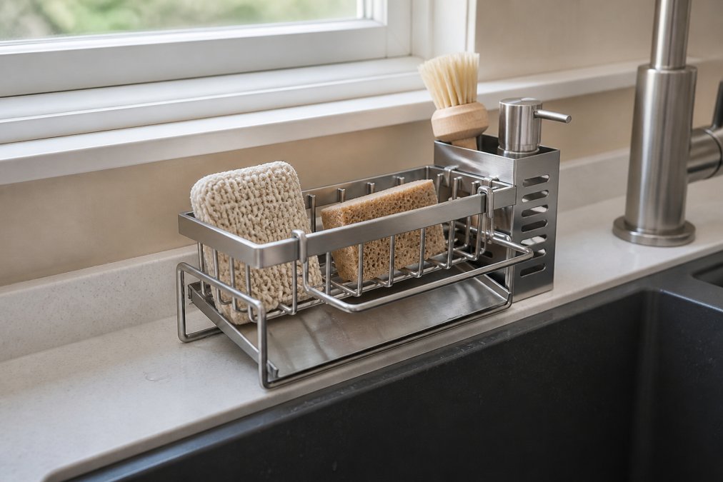 Modern kitchen sink area with minimalist black caddy system installed, showing organized dry sponges and brushes in stainless steel holder, clean countertop beside faucet with water droplets visible