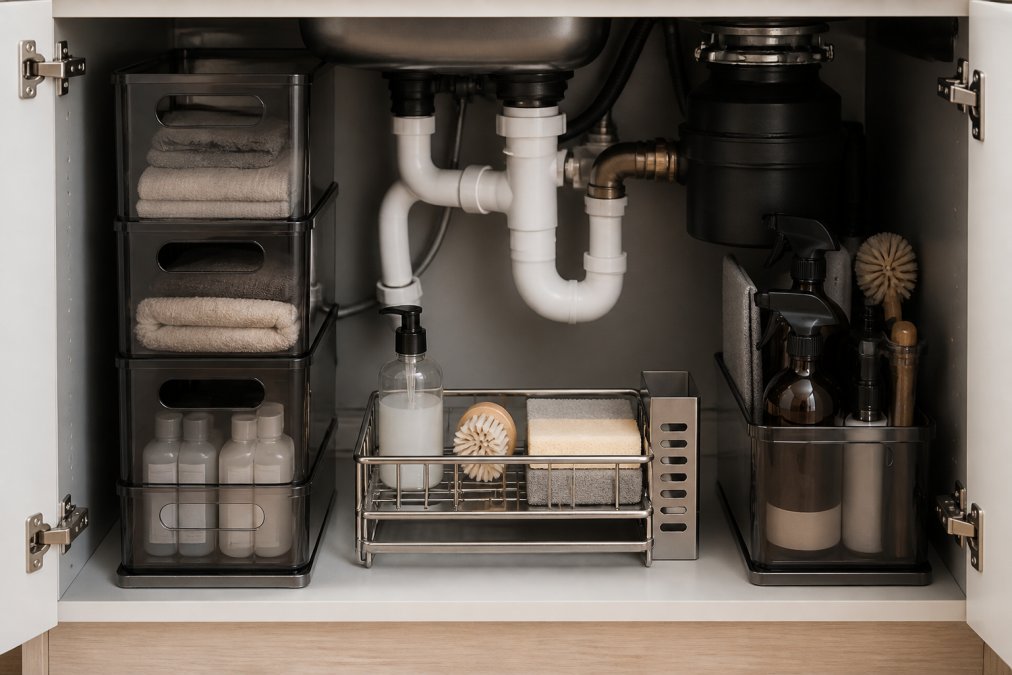 Under-sink cabinet interior with organized waterproof storage containers stacked vertically, clear space around white PVC pipes and disposal unit, minimalist black containers with clean labels visible