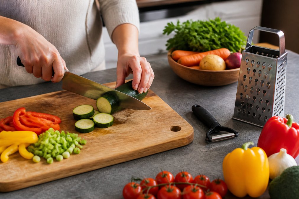 Close-up of a home cook's hands chopping fresh vegetables on a wooden cutting board in a bright, tidy kitchen, with a chef's knife, peeler and grater visible on the worktop