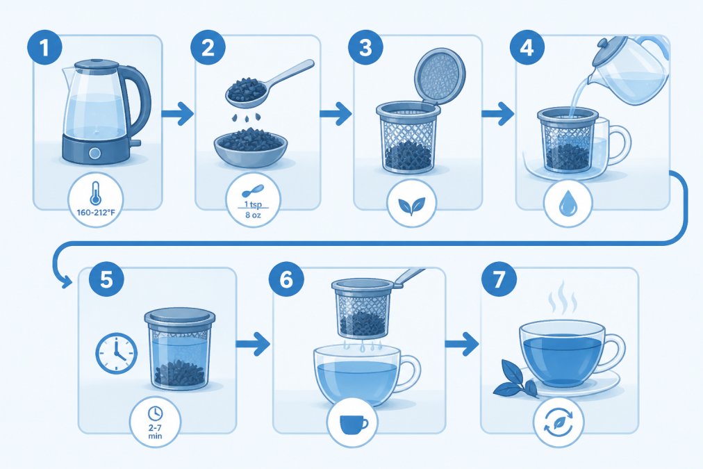 Flowchart showing 7-step brewing process: 1) Heat water to target temperature (160-212°F), 2) Measure 1 teaspoon tea per 8 oz, 3) Place leaves in infuser, 4) Pour hot water over leaves, 5) Steep for recommended time (2-7 minutes), 6) Remove infuser and pour, 7) Enjoy and consider re-steeping
