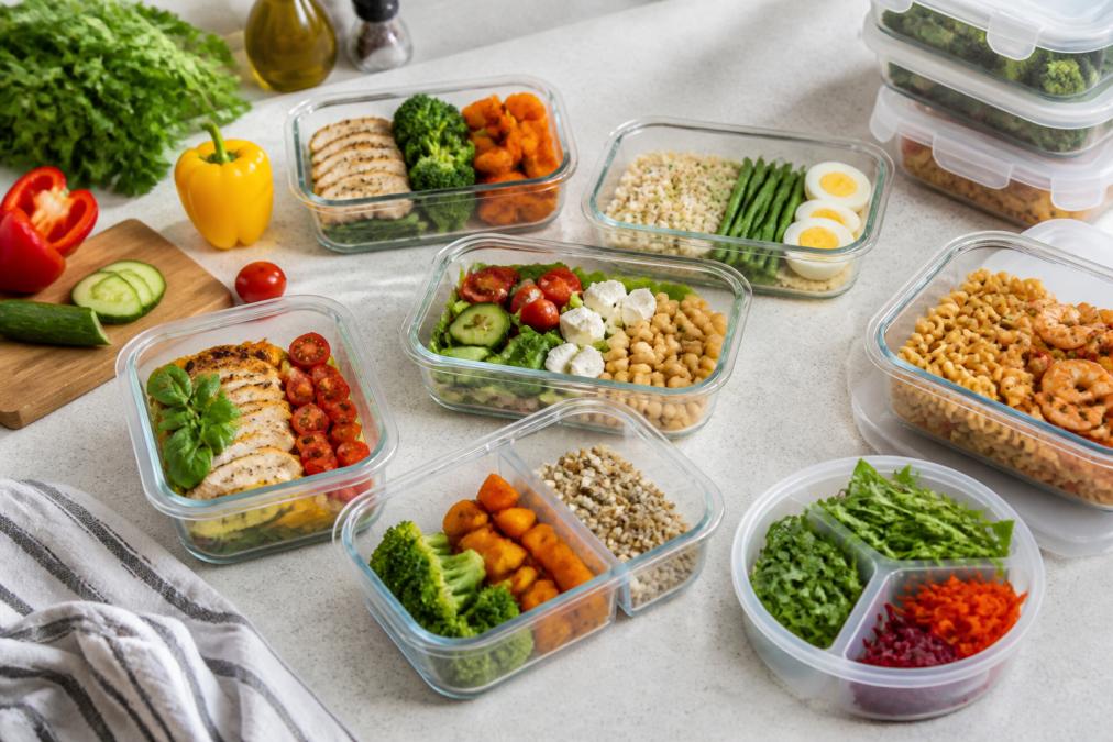 Overhead shot of various meal prep containers filled with colourful prepared foods, grains, vegetables, proteins, arranged on a kitchen counter with fresh ingredients nearby