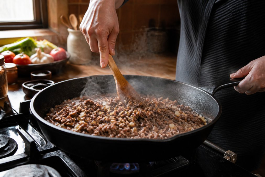 Close-up of seasoned ground beef sizzling in a cast-iron skillet with diced onions and minced garlic, steam rising, warm kitchen lighting from a window