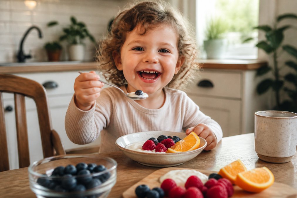 A cheerful child eating a colorful plate of berries, orange slices, and yogurt at a bright kitchen table in the morning light