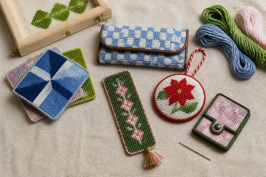 Flat-lay arrangement of five completed beginner needlepoint projects: colorful coasters, a small eyeglass case, a bookmark with decorative stitching, a small holiday ornament, and a needle case, arranged on a neutral linen surface with threads, a tapestry needle, and a small frame nearby