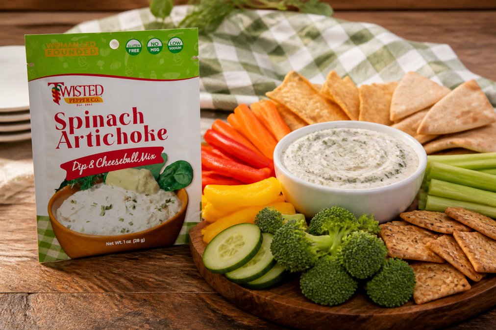 A beautifully arranged party platter featuring creamy dips in the center, surrounded by colorful fresh vegetables, pita bread, tortilla chips, and crackers on a rustic wooden board