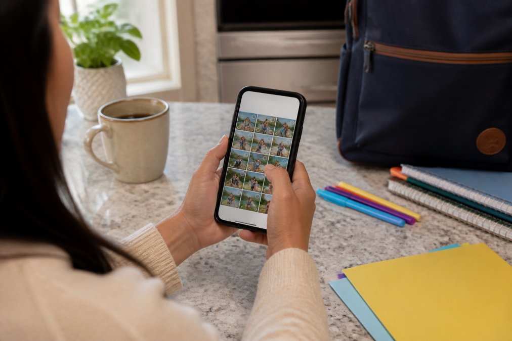 Parent using a smartphone for easy photo printing over a kitchen counter with coffee and a school bag nearby