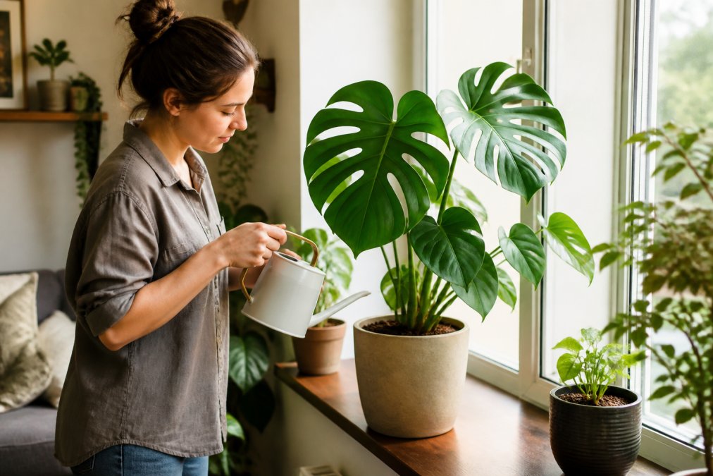 Person gently watering a potted monstera on a sunny windowsill, demonstrating easy plant care in a cosy living room.