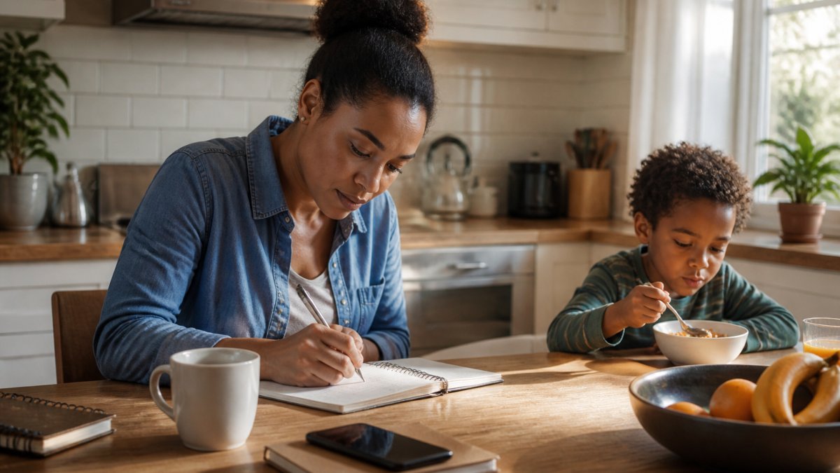 A parent in casual clothes writing a short daily plan on a notepad at a kitchen table while a child eats breakfast nearby, morning light through the window