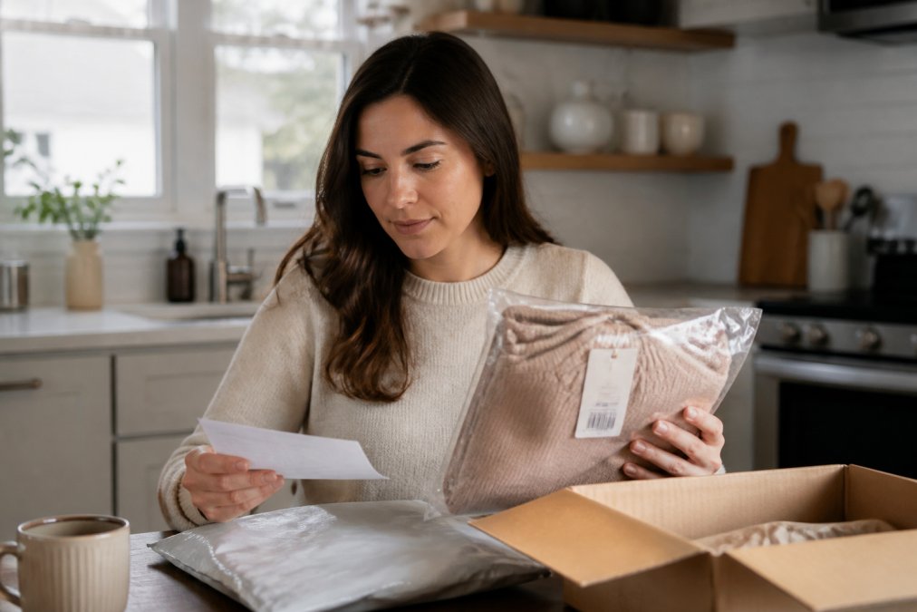Woman at her kitchen table reviewing a return label, holding an unworn clothing item still in its original packaging with clear tags visible, natural morning light coming through the window