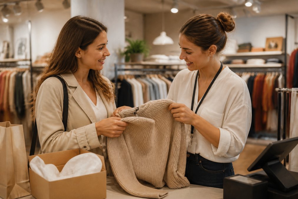 Customer service representative smiling while assisting a woman at a retail counter with a return, both examining the clothing item together in a bright, welcoming store environment