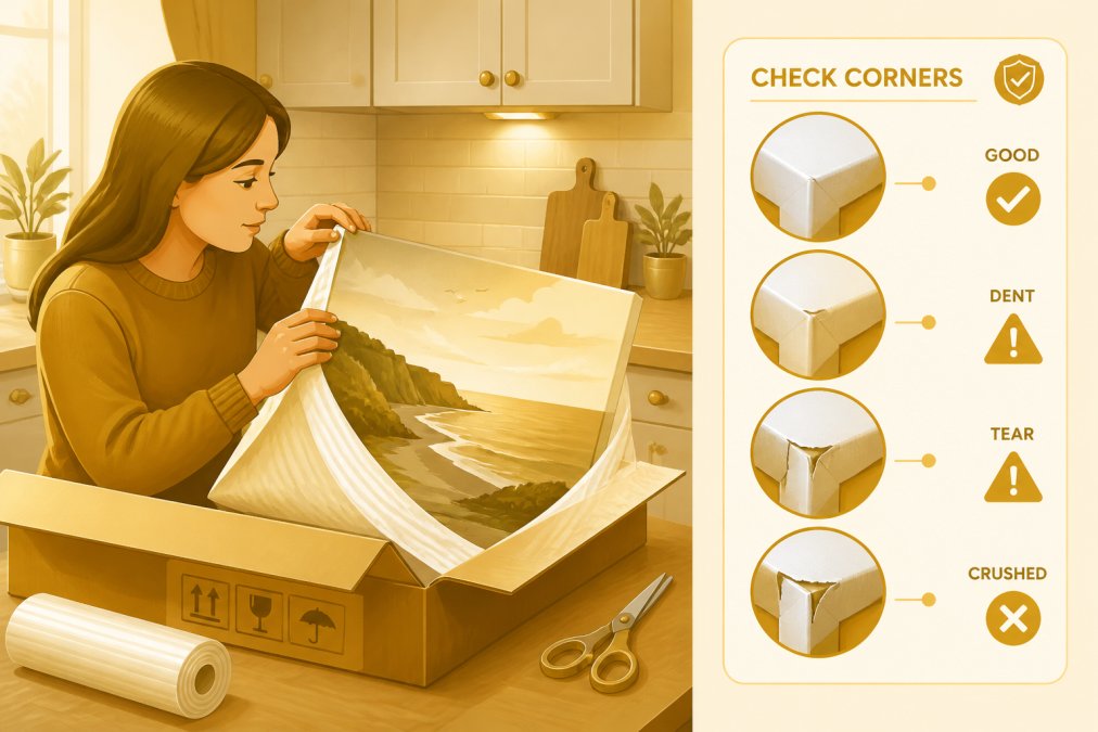 Close-up of a person carefully unwrapping a canvas print from protective cardboard packaging on a kitchen table, inspecting the corners of the artwork under warm kitchen lighting for signs of transit damage