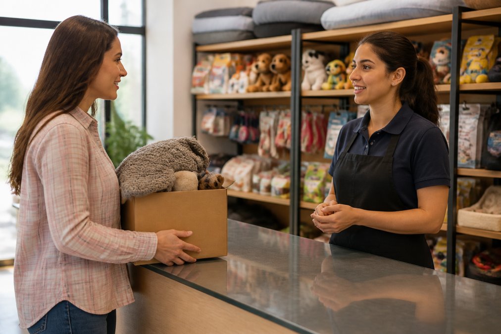 Pet owner holding a box of returned pet supplies at a retail store counter, speaking with a customer service representative about the return process, natural indoor lighting