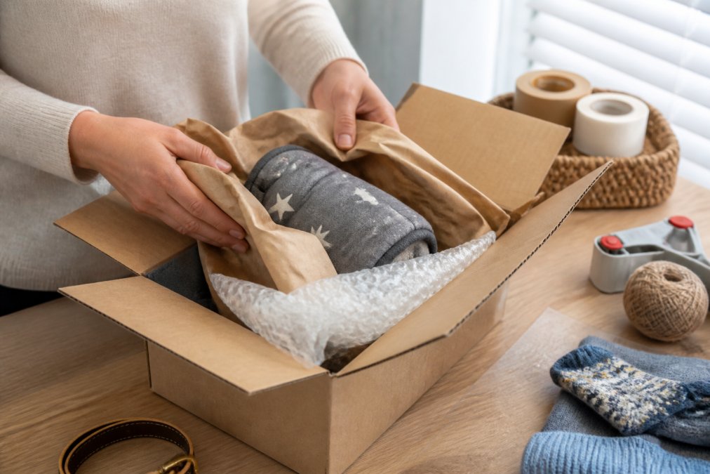 Close-up of hands carefully packing a pet product into a cardboard shipping box with kraft paper and bubble wrap, ready for return shipment, natural lighting from a window