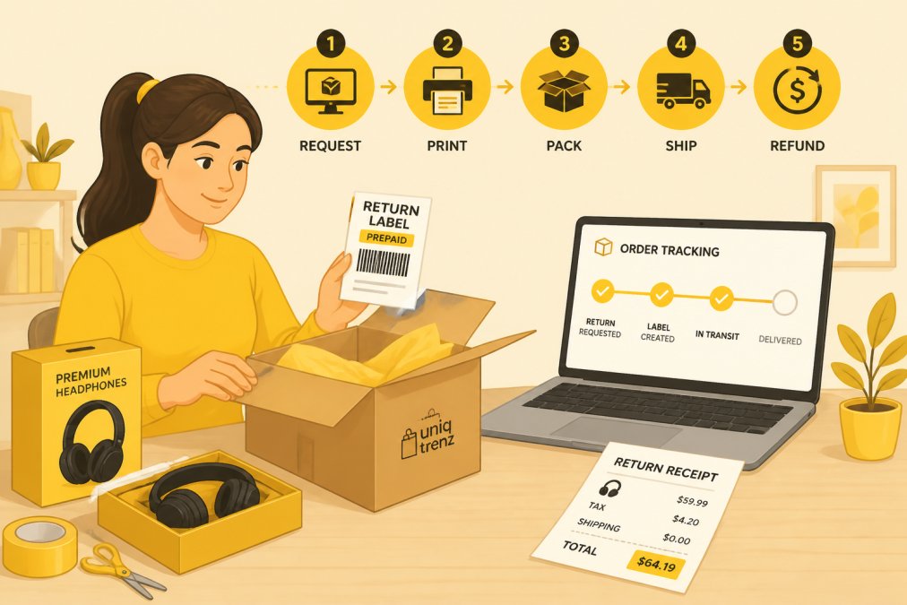Woman at home preparing a package for return, holding a prepaid shipping label, with original product packaging visible on a desk next to a laptop showing order tracking information and a receipt