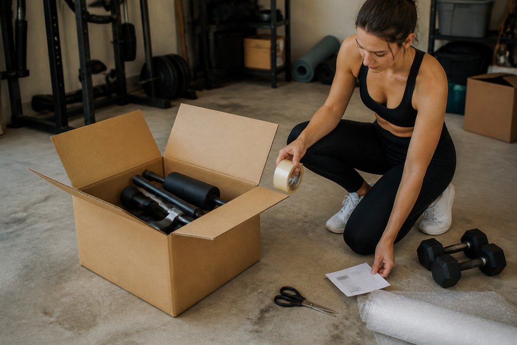 Person in athletic wear packing folded gym equipment into a cardboard box with a return label